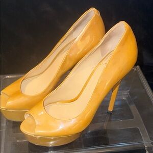 Brian Atwood Mustard Yellow Peep-Toe Heels